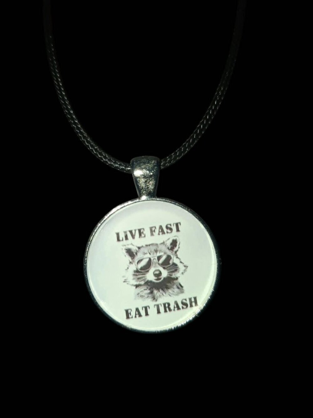 live fast eat trash handmade raccoon pendant necklace